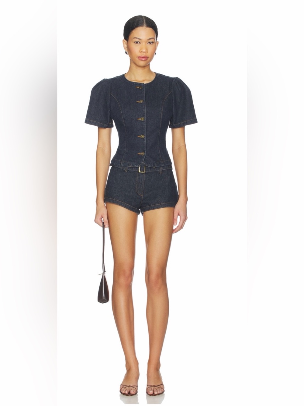 Dark Denim Puff Sleeve Blouse and Shorts